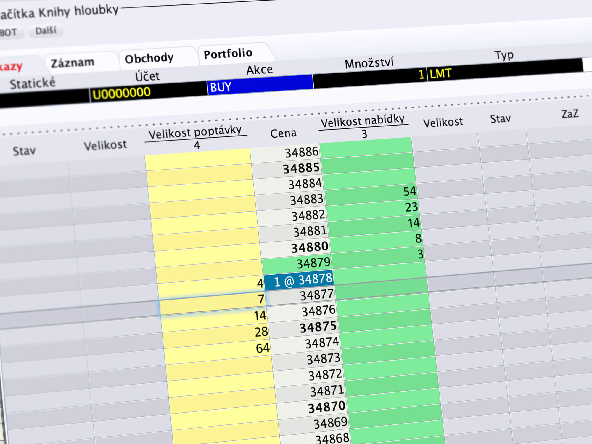 Obchodný nástroj BookTrader s hĺbkou aj cenami na strane ponuky aj dopytu