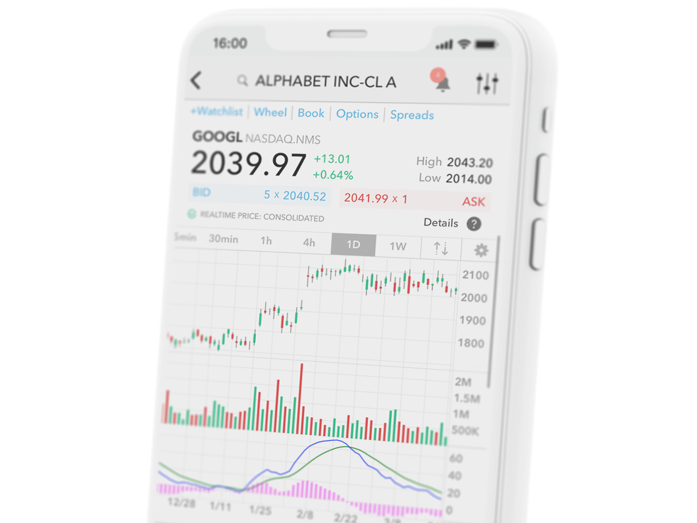 Mobilné zariadenia s obchodnou aplikáciou a cenovým grafom akcie Alphabet