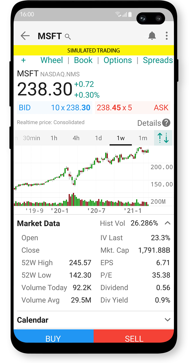 Demoúčet a platforma LYNX Trading s cenovým grafom MSFT otvorený na mobilnom zariadení s Android