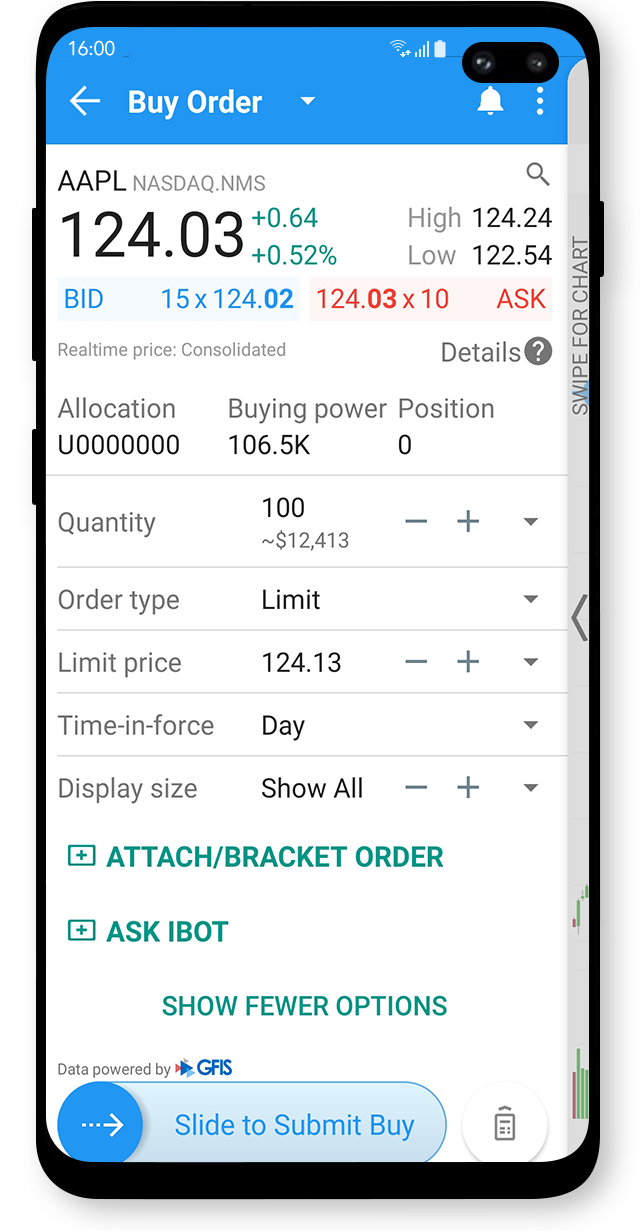 Obchodná aplikácia LYNX Trading so zadaným limitovaným pokynom na nákup akcie AAPL na mobilnom zariadení s Android