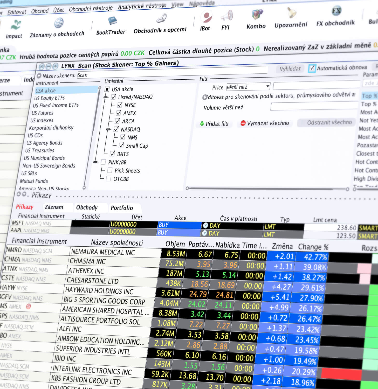 Ukážka obchodovania prostredníctvom Marketscanneru v LYNX TWS