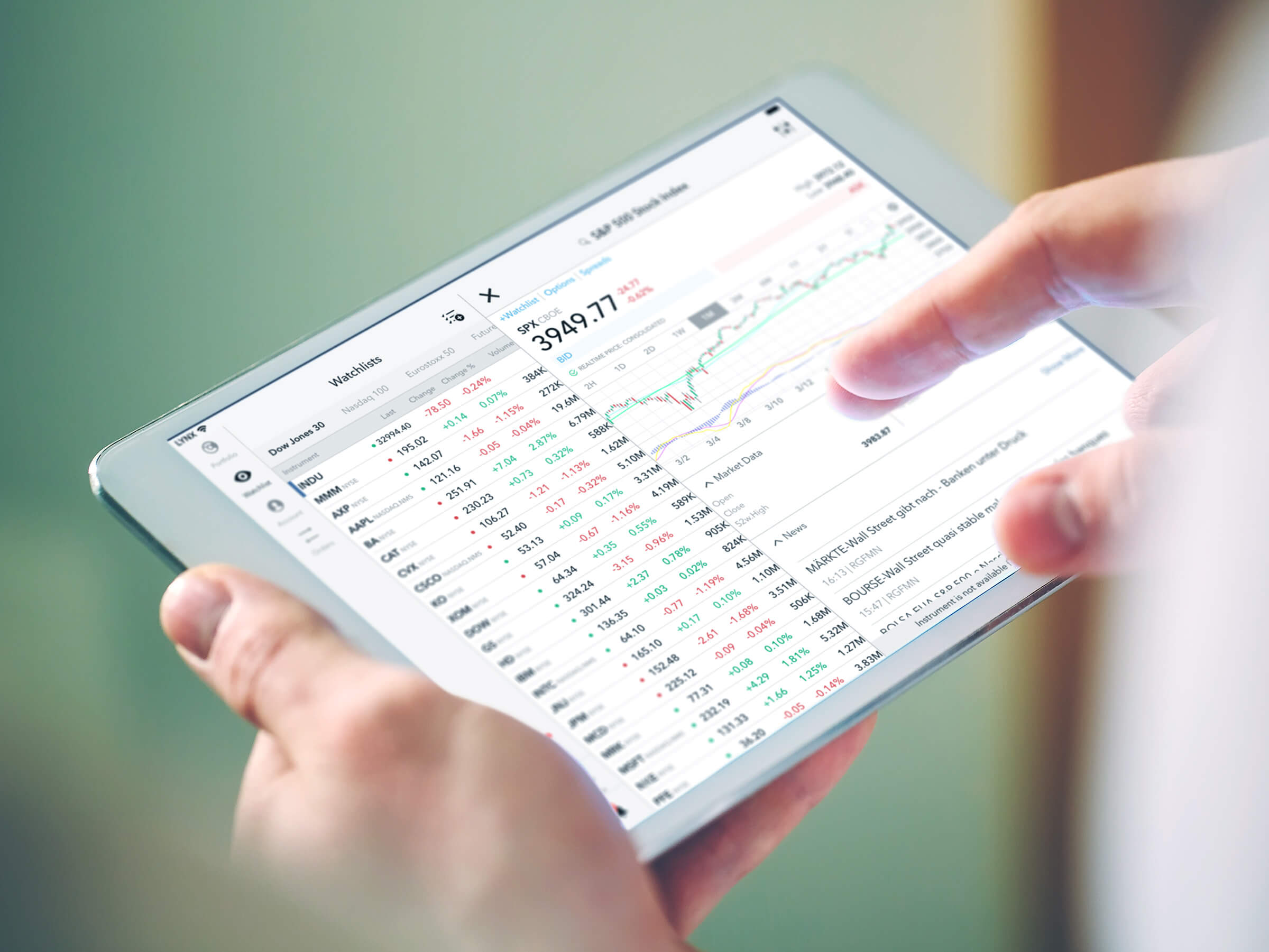 Obchodná platforma LYNX Trading s cenovým grafom akcie na zariadení iPad