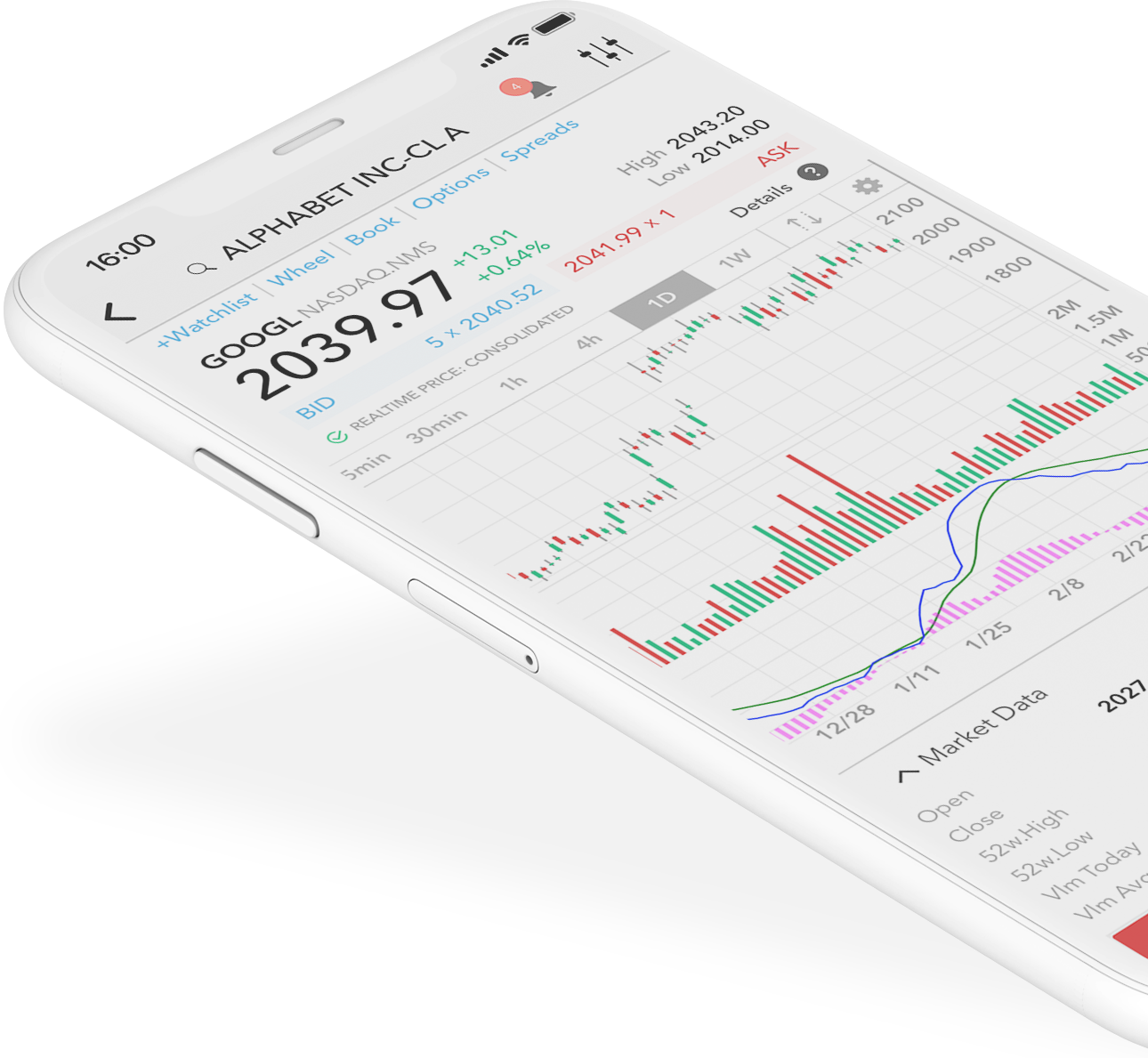 Smartphone s aplikáciou LYNX Trading a cenovým grafom akcie Alphabet
