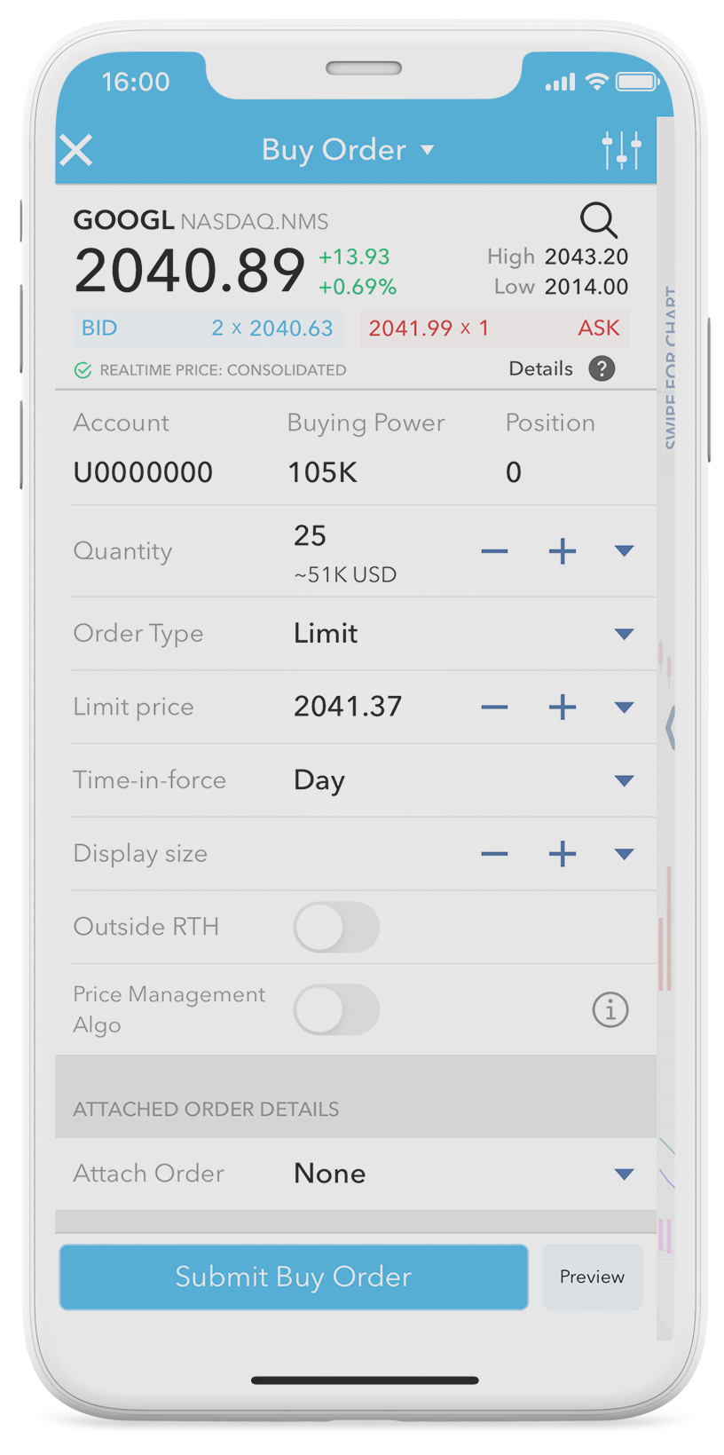 Mobilný telefón s aplikáciou LYNX Trading a zadaným limitným obchodným príkazom