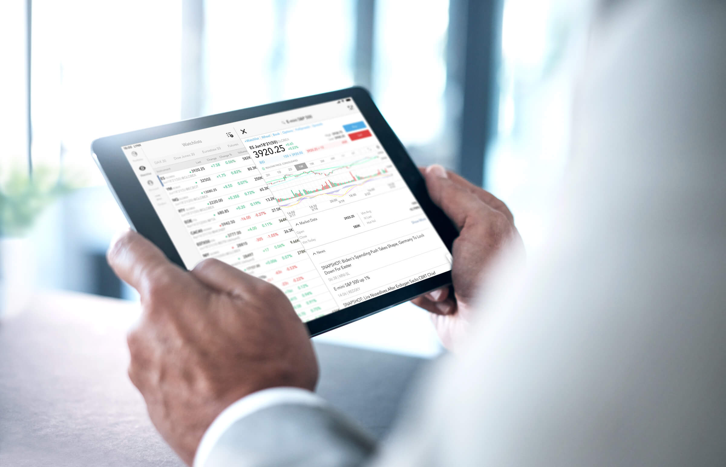 Investor obchodujúci akcie na krátko (short selling) v iPad aplikácii LYNX Trading